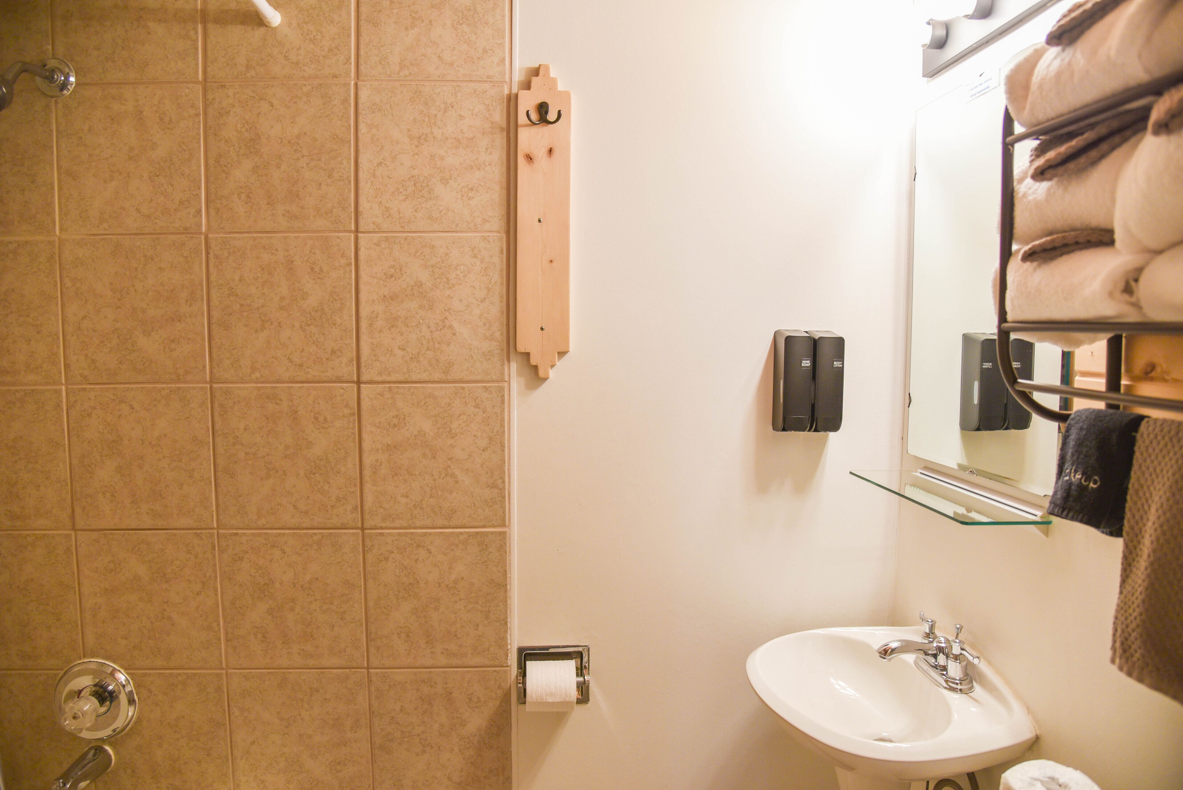 Een badkamer met een douche, een wastafel, een handdoekhouder en een spiegel.