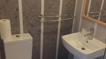 Un baño con inodoro, lavamanos y espejo.