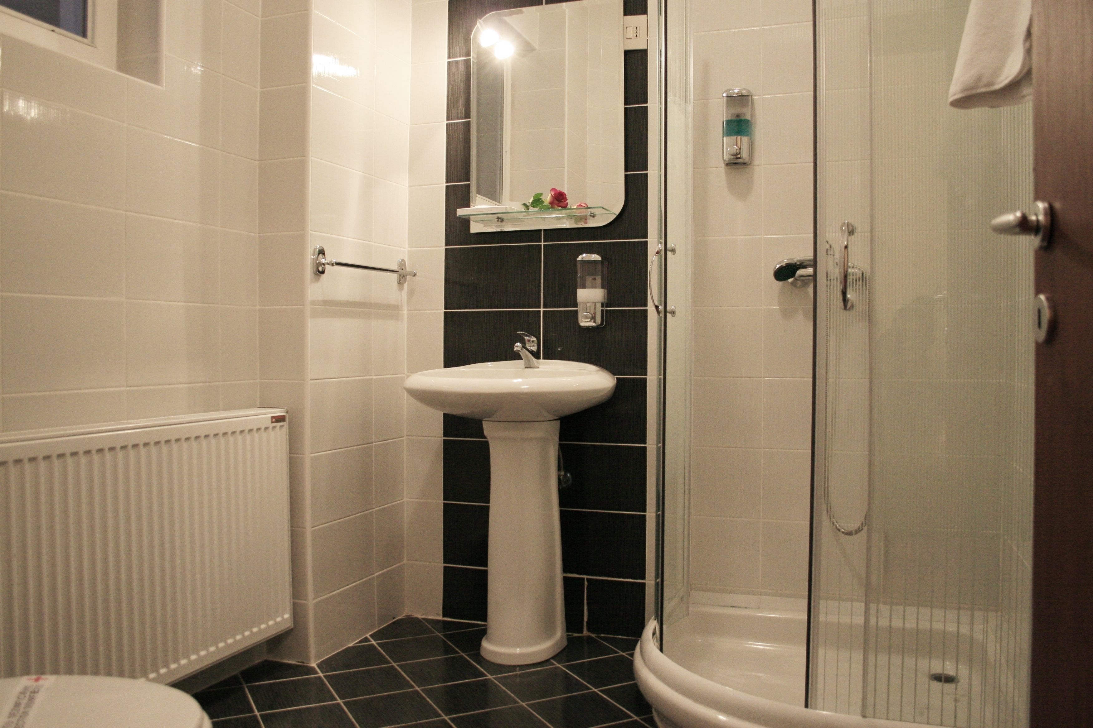 Un bany amb un lavabo pedestal blanc, un box de dutxa de vidre i un vàter blanc.