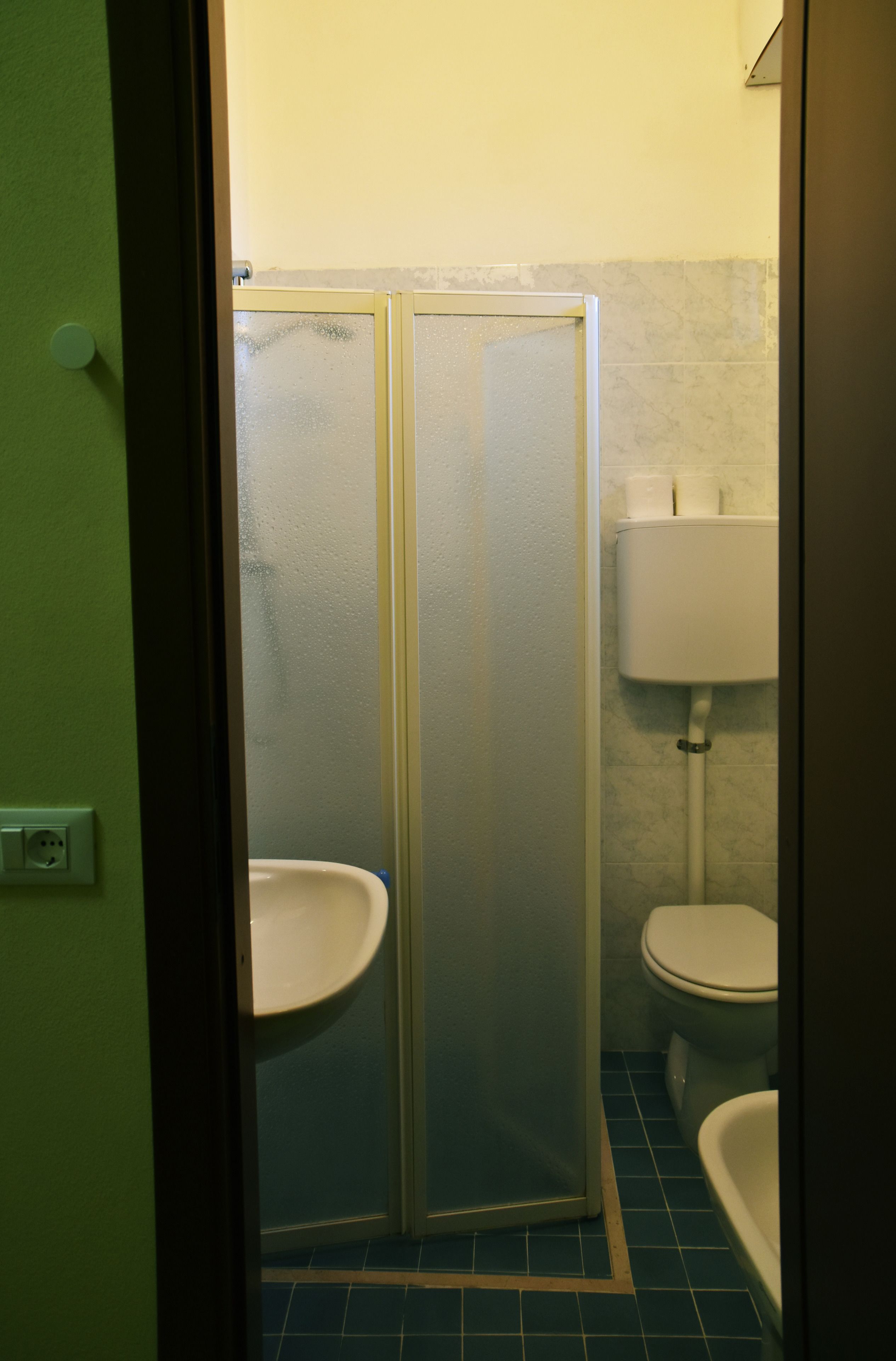 A bathroom with a shower enclosure, a toilet, and a sink.