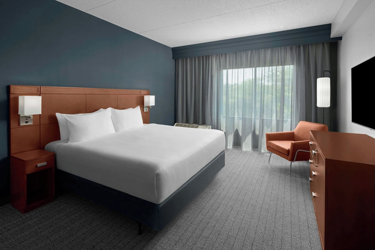 A hotel room with a large bed, a nightstand, a desk, a chair, and a TV.
