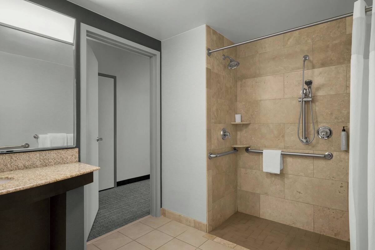 combined shower/bathtub, free toiletries, hair dryer, towels