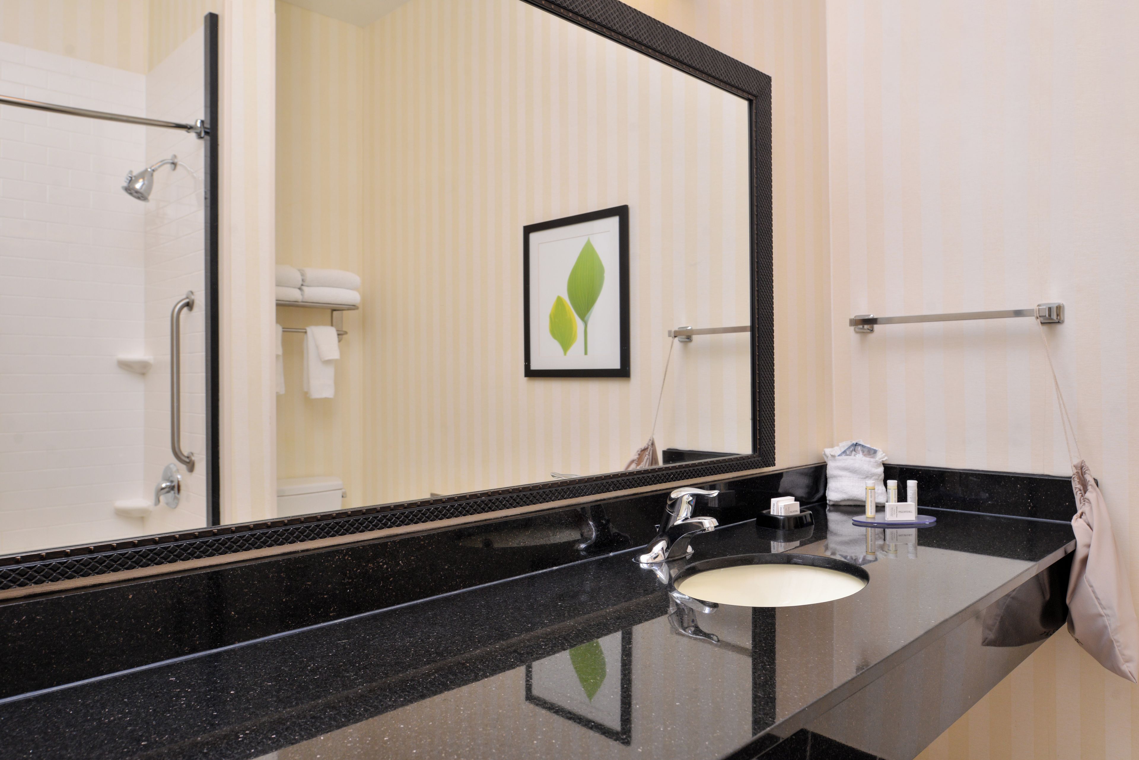 A hotel bathroom with a black countertop, a sink, a mirror, and a towel rack.