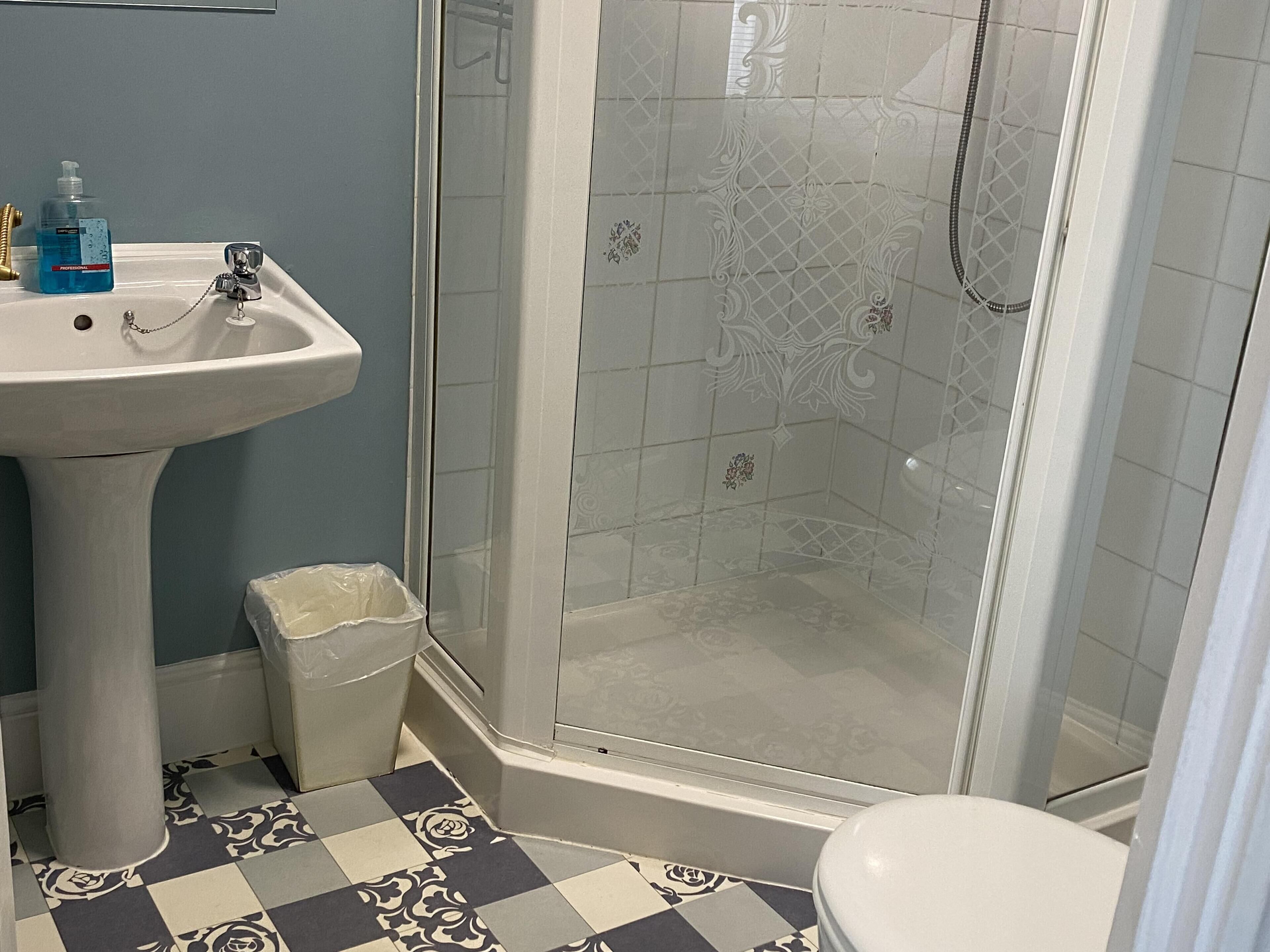 A bathroom with a pedestal sink, a toilet, and a glass-enclosed shower.