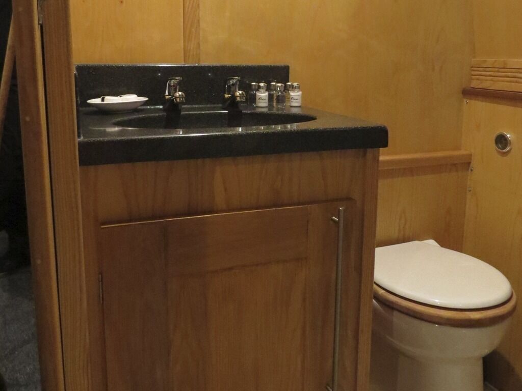 Un baño de madera con lavamanos de superficie negra, inodoro blanco y un armario con artículos de aseo.