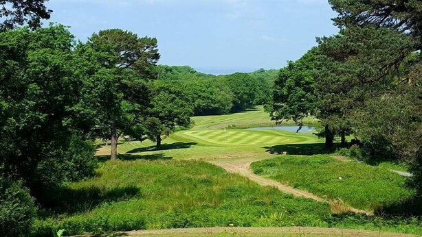 A golf course with a clear path, surrounded by dense trees and a body of water in the distance. - The Gower Golf Club (Swansea)
