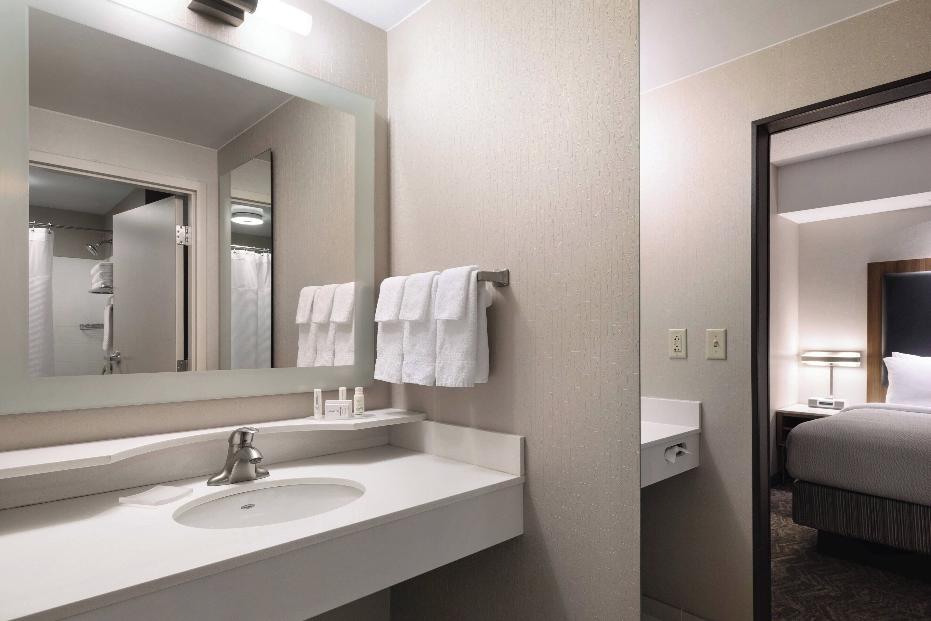 combined shower/bathtub, free toiletries, hair dryer, towels