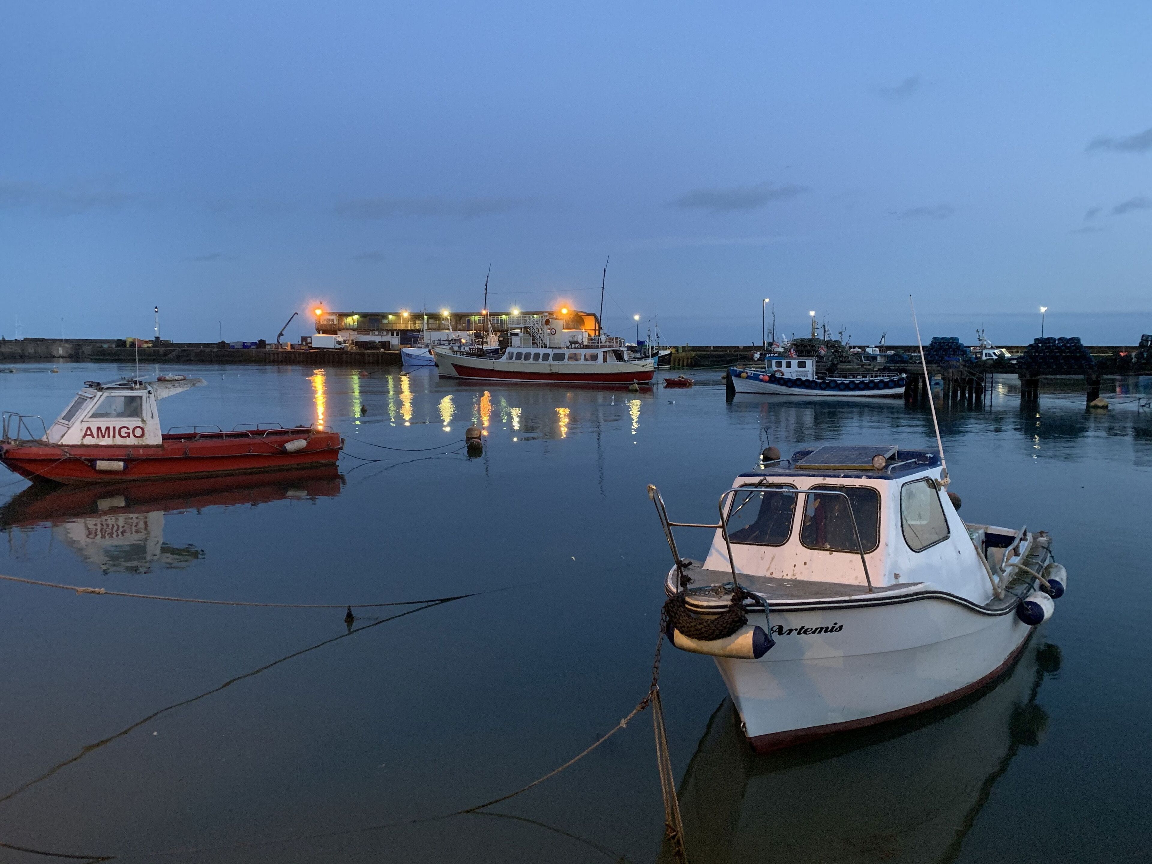A marina with several boats docked, including a red boat named AMIGO and a white boat named ARTENIS.