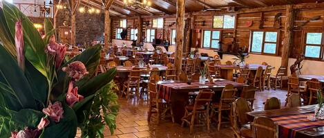 A rustic wooden interior with tables and chairs, a chandelier, and a large potted plant.