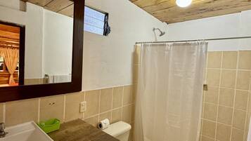Un baño con tocador de madera, lavamanos, inodoro, ducha con cortina y espejo.