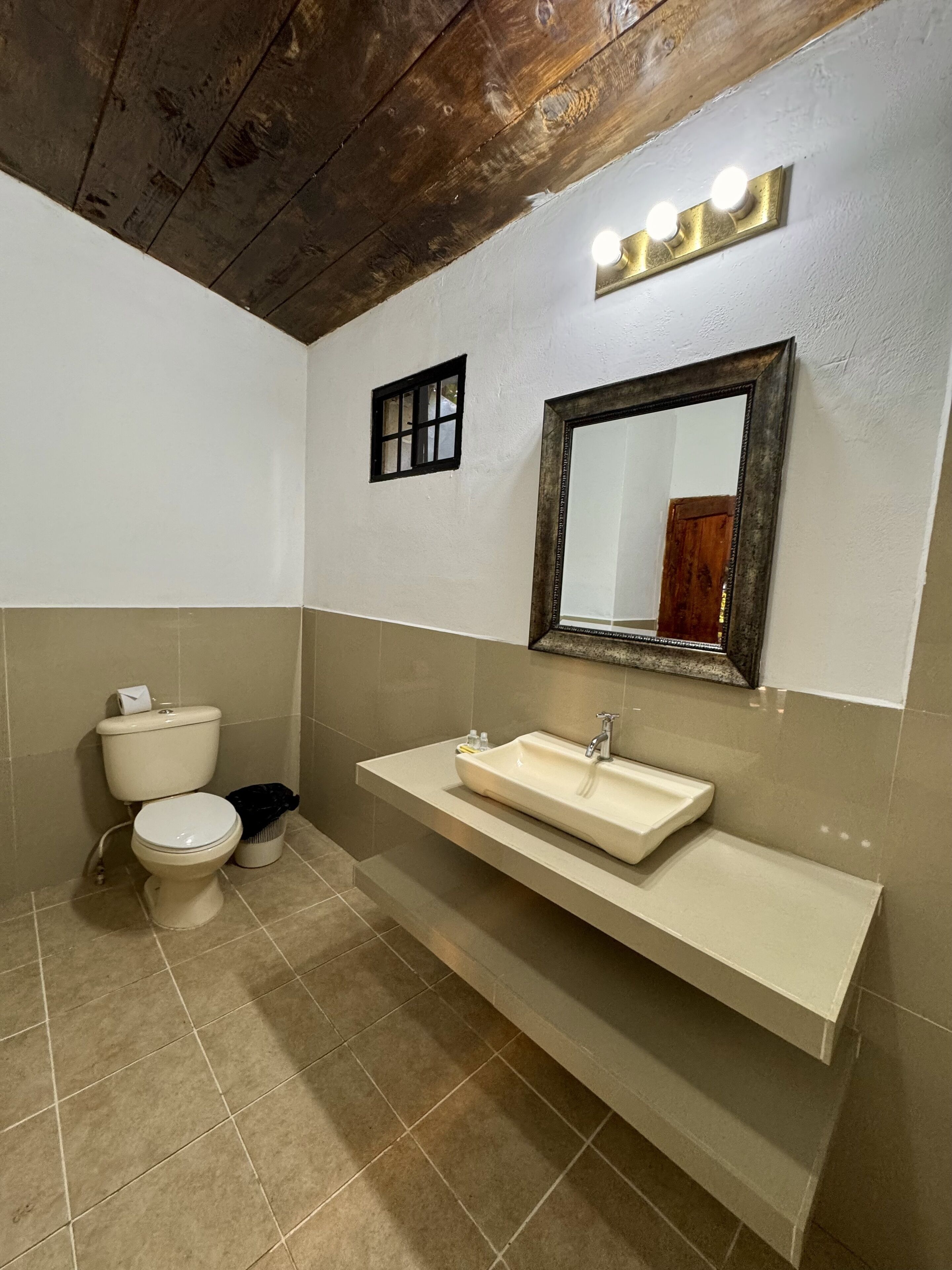 A bathroom with a toilet, sink, and mirror.
