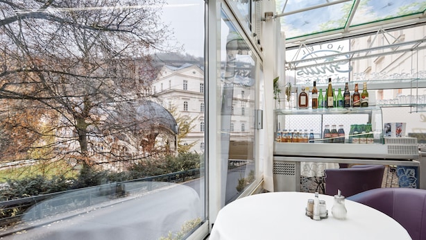 A restaurant with a view of a tree-lined street and buildings. There is a table with salt and pepper shakers and a bottle of water. - Park Spa Hotel Sirius (Karlovy Vary)