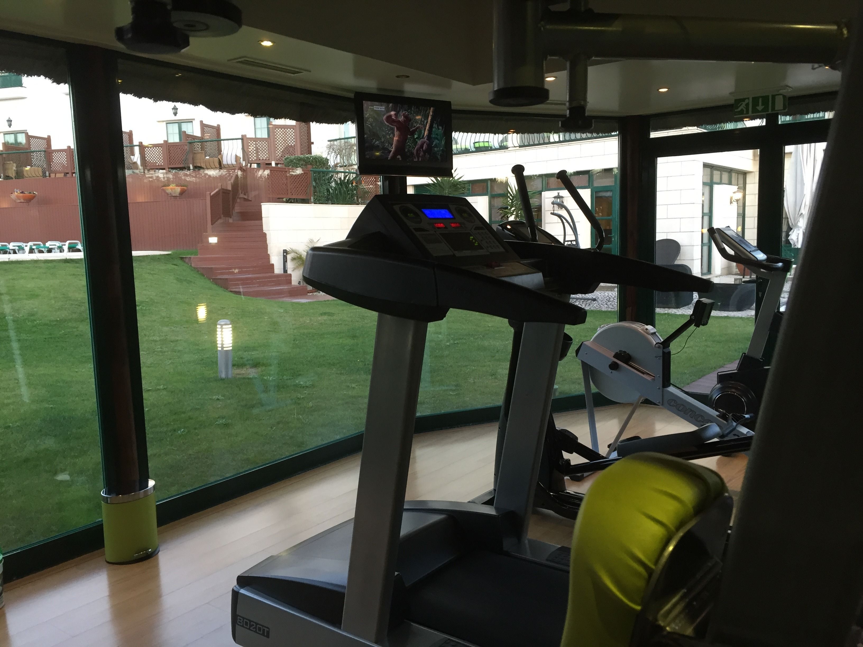 A gym with a treadmill, exercise bike, and a TV screen displaying a nature scene.