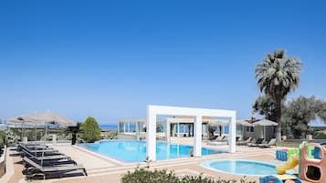 Outdoor pool, open 9:00 AM to 8:00 PM, pool umbrellas, pool loungers