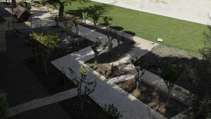 A courtyard with a paved walkway, green lawn, and trees. - Point de Vue (Rabat)