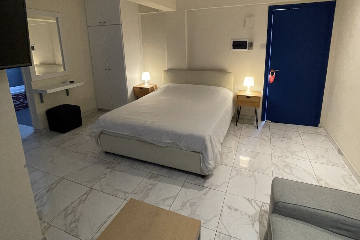 A bedroom with a bed, bedside tables with lamps, a TV mounted on the wall, a blue door, and a small plant on a table.