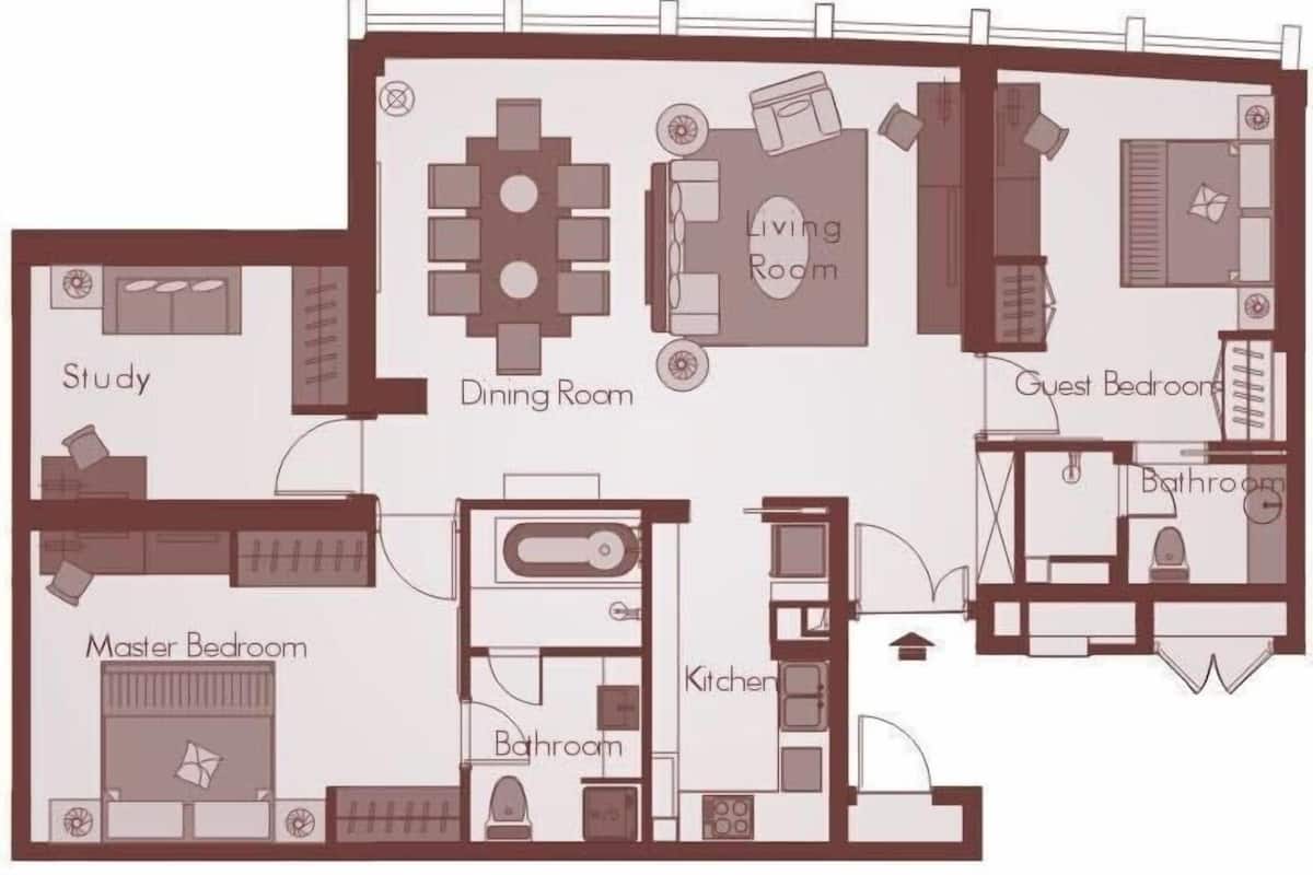 A floor plan of a hotel with a study, master bedroom, dining room, living room, guest bedroom, and bathroom.