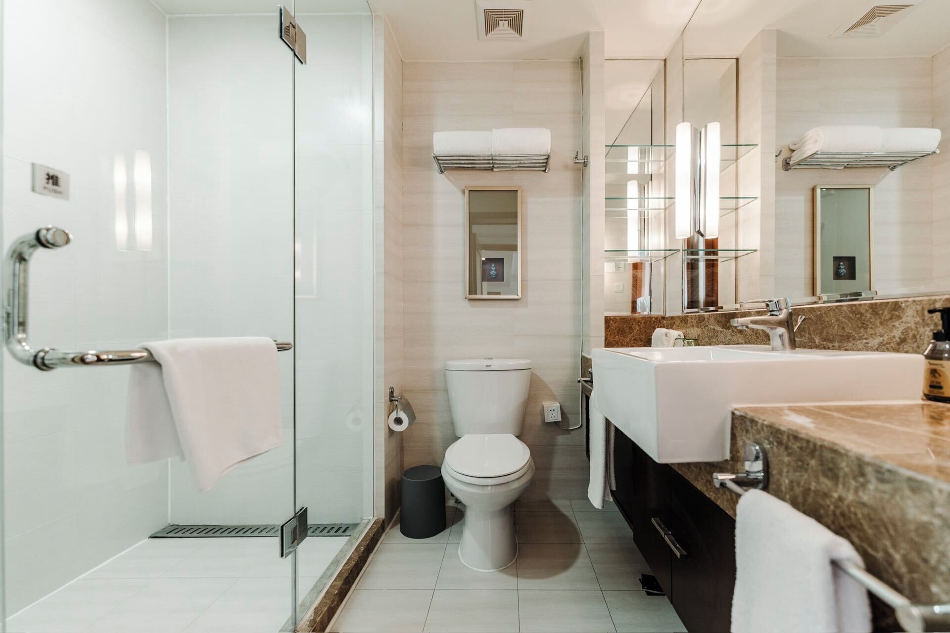 A modern bathroom with a glass shower enclosure, a toilet, a sink with a marble countertop, and a large mirror.
