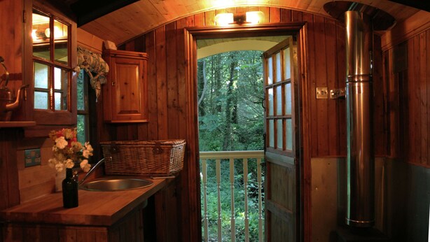 A wooden cabin interior with a kitchen, a balcony with a view of the forest, and a wood stove. - Tower (Mold)