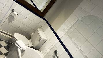 A bathroom with a toilet, a sink, and a mirror.