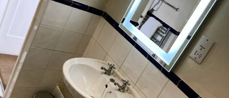 A bathroom with a white sink, a mirror, and a trash can.