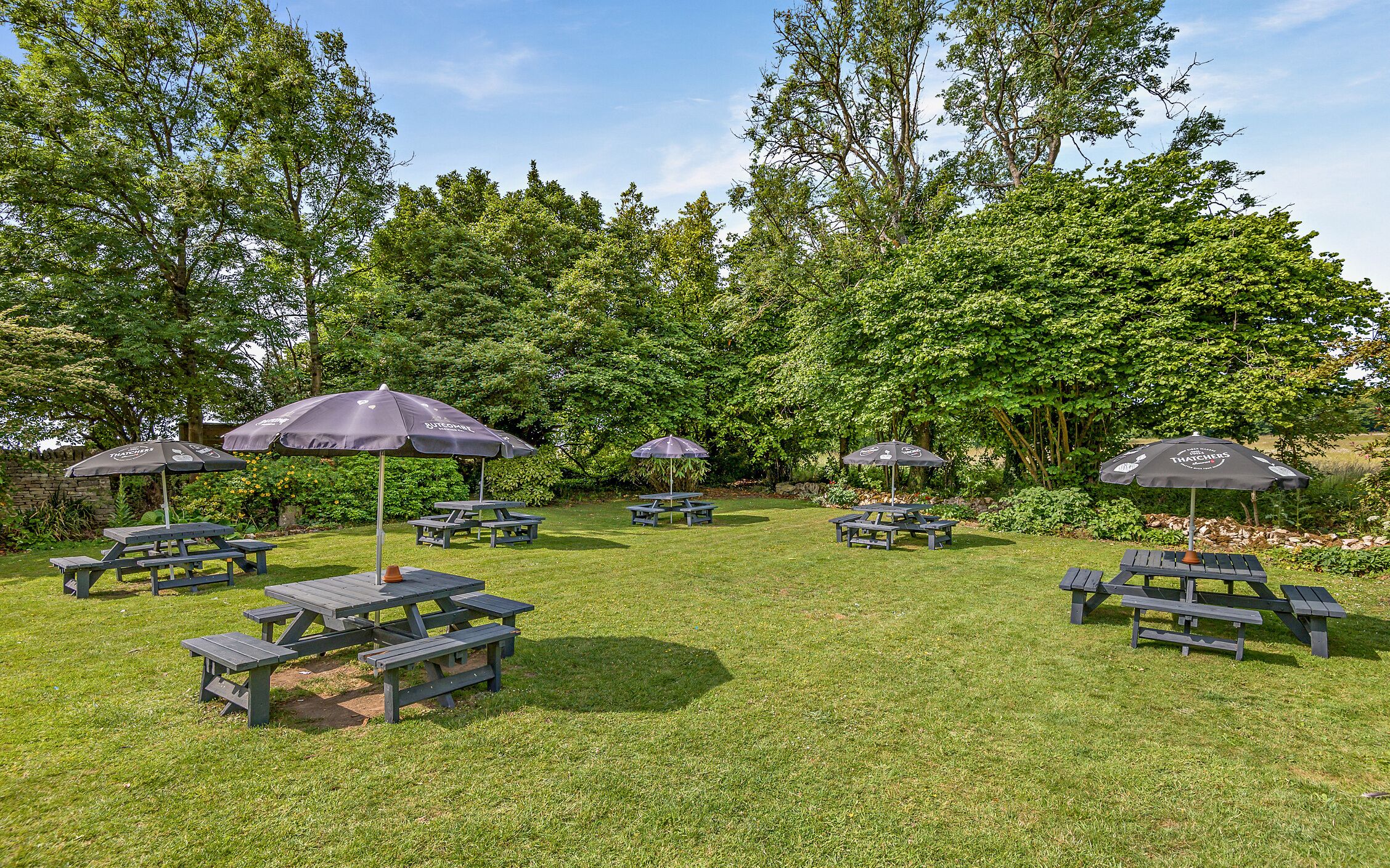 Un área de picnic al aire libre con varias mesas y sombrillas, rodeada de abundante vegetación.