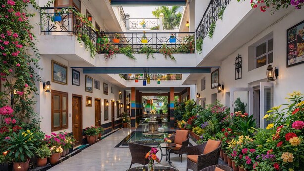A spacious indoor atrium with a central glass table surrounded by wicker chairs, flanked by potted plants and flowers. - Hotel Harmony (Khajuraho)