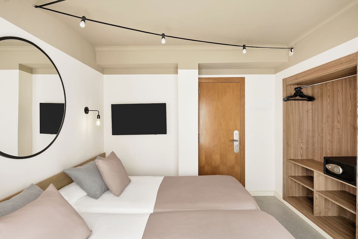 A bedroom with a bed, a mirror, a wardrobe, and a flat-screen TV.