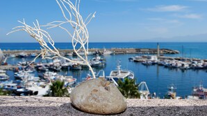 Una piedra con ramas blancas frente a un puerto deportivo con barcos y un cielo azul despejado.