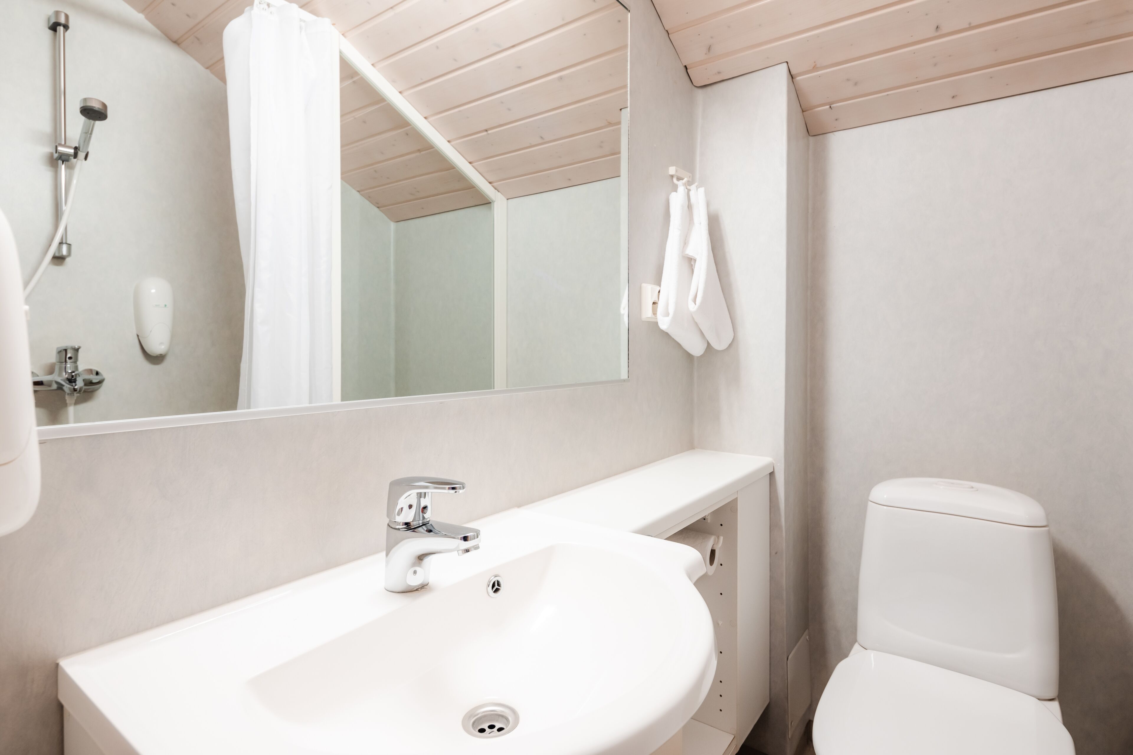 A bathroom with a white sink, a mirror, a shower, and a toilet.