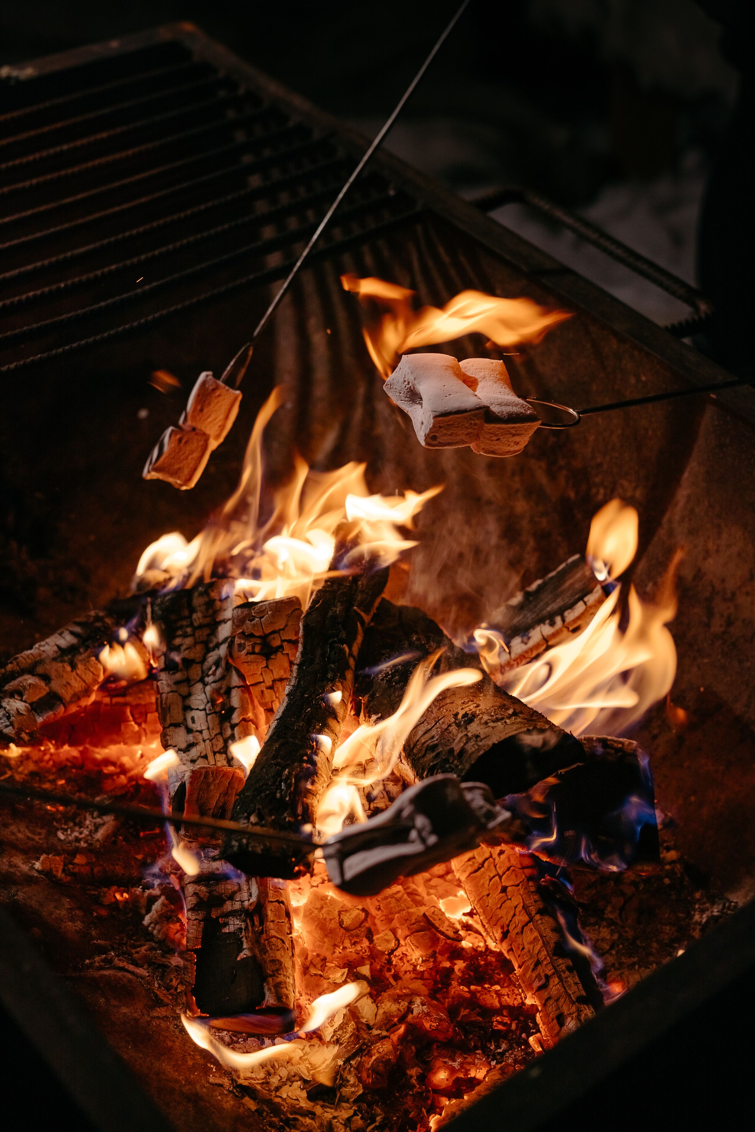 Ein Detailaufnahme eines Lagerfeuers mit Holzscheiten und einem Marshmallow, das über den Flammen geröstet wird.