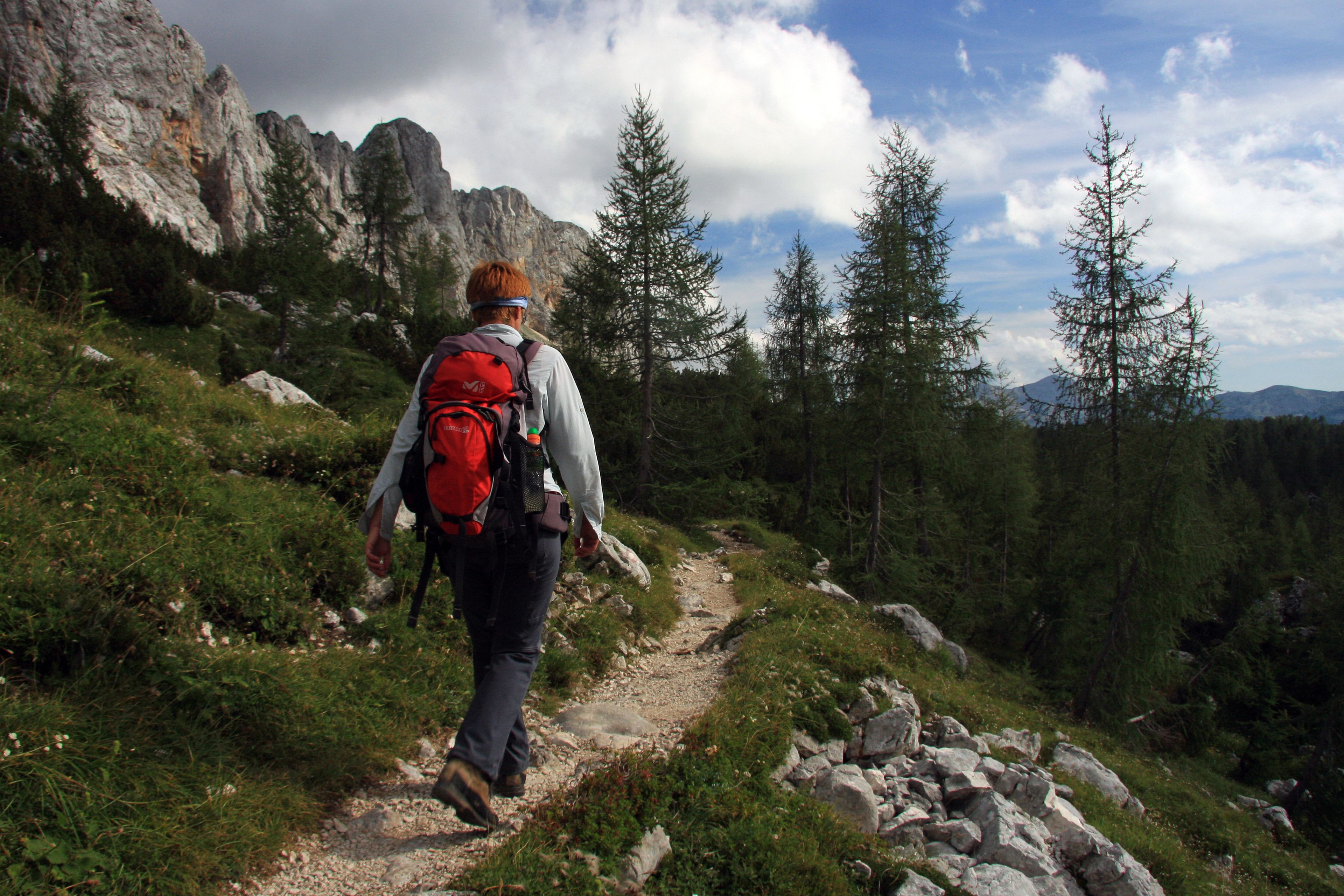 Un randonneur sur un sentier rocailleux, entouré d’arbres et de montagnes.