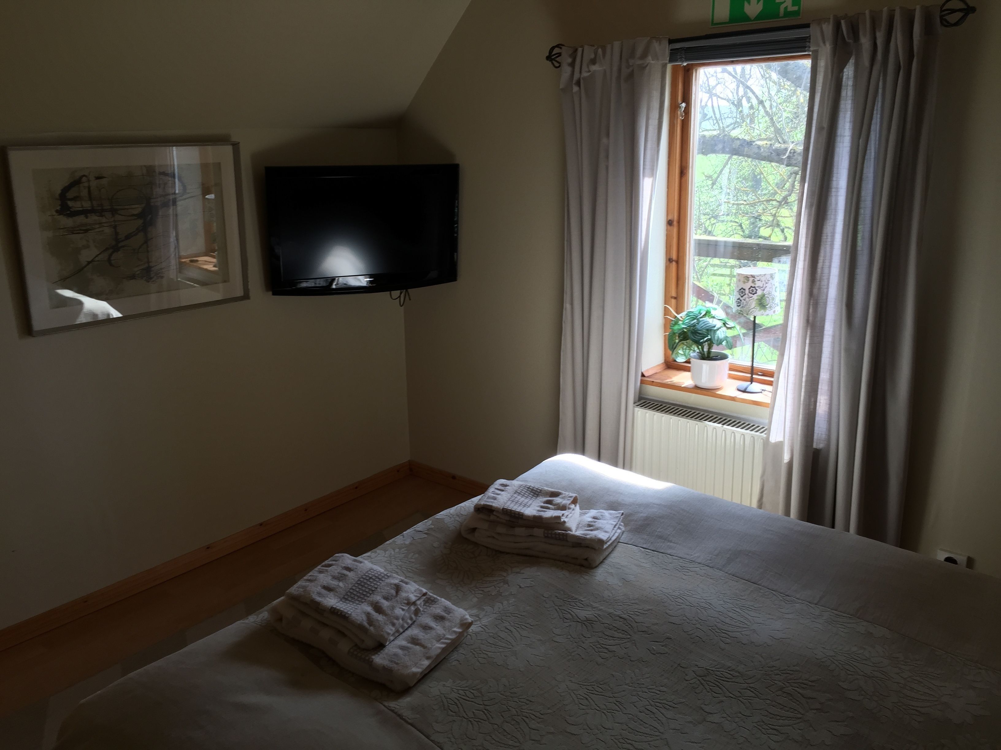 A room with a bed, a flat-screen TV mounted on the wall, a window with curtains, and a potted plant on the windowsill.