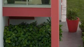 Un bâtiment moderne à la façade rouge, avec une fenêtre ornée de plantes en pot et une pelouse bien entretenue.
