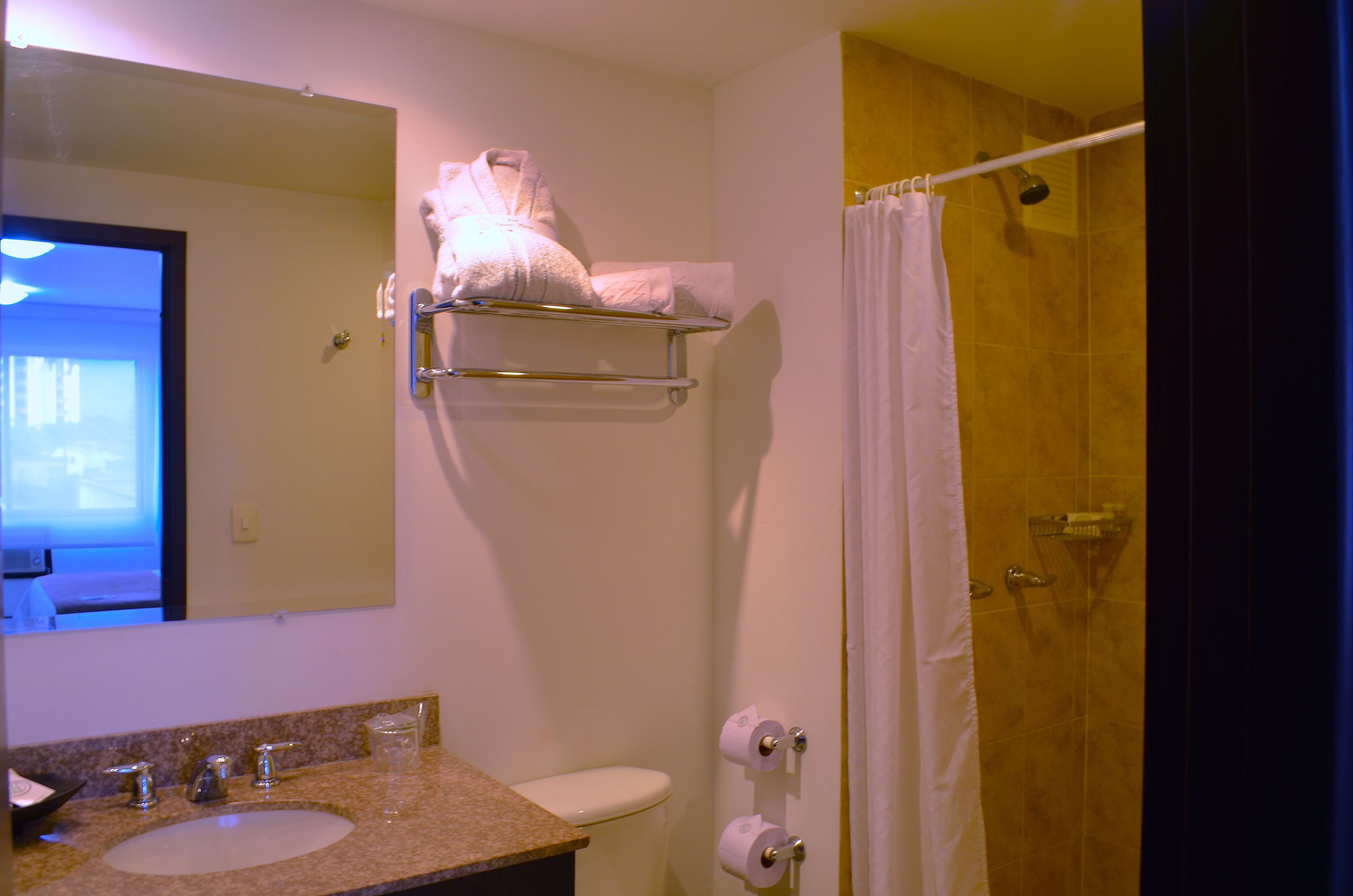 shower, free toiletries, hair dryer, towels