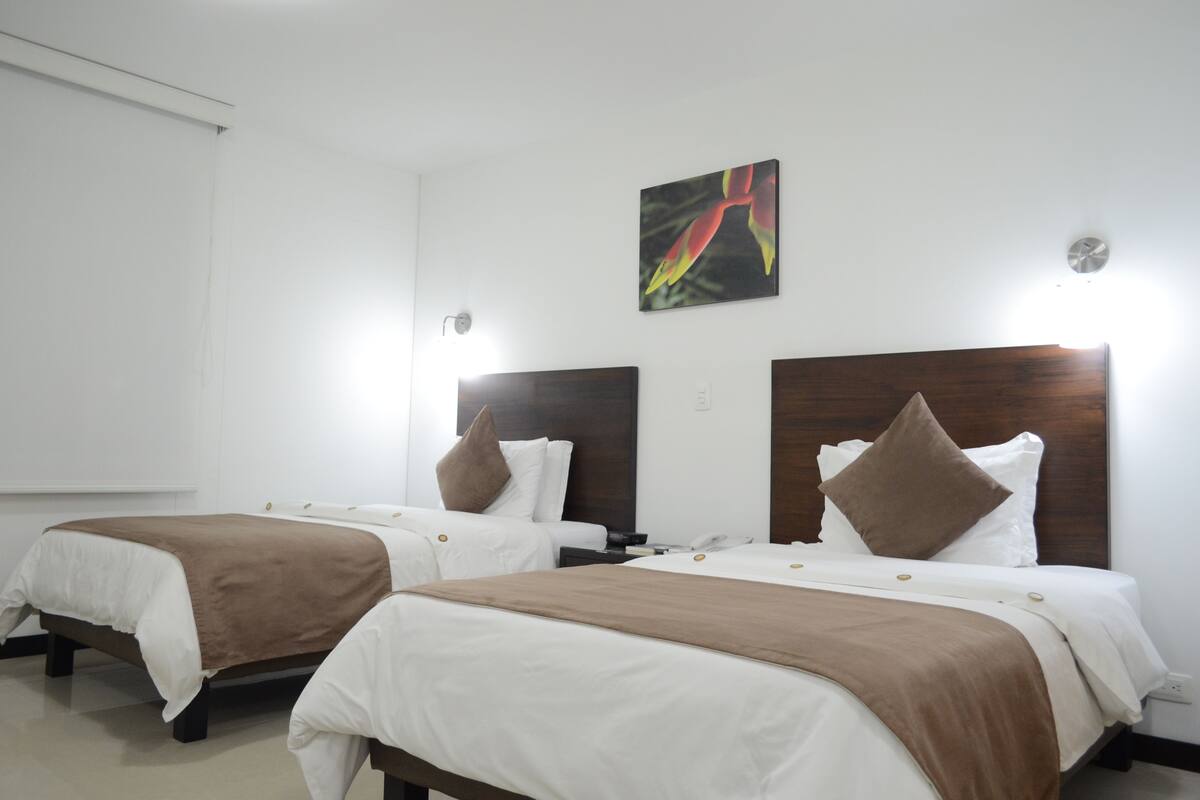 Two single beds with wooden headboards, white bedding, and brown throw blankets.