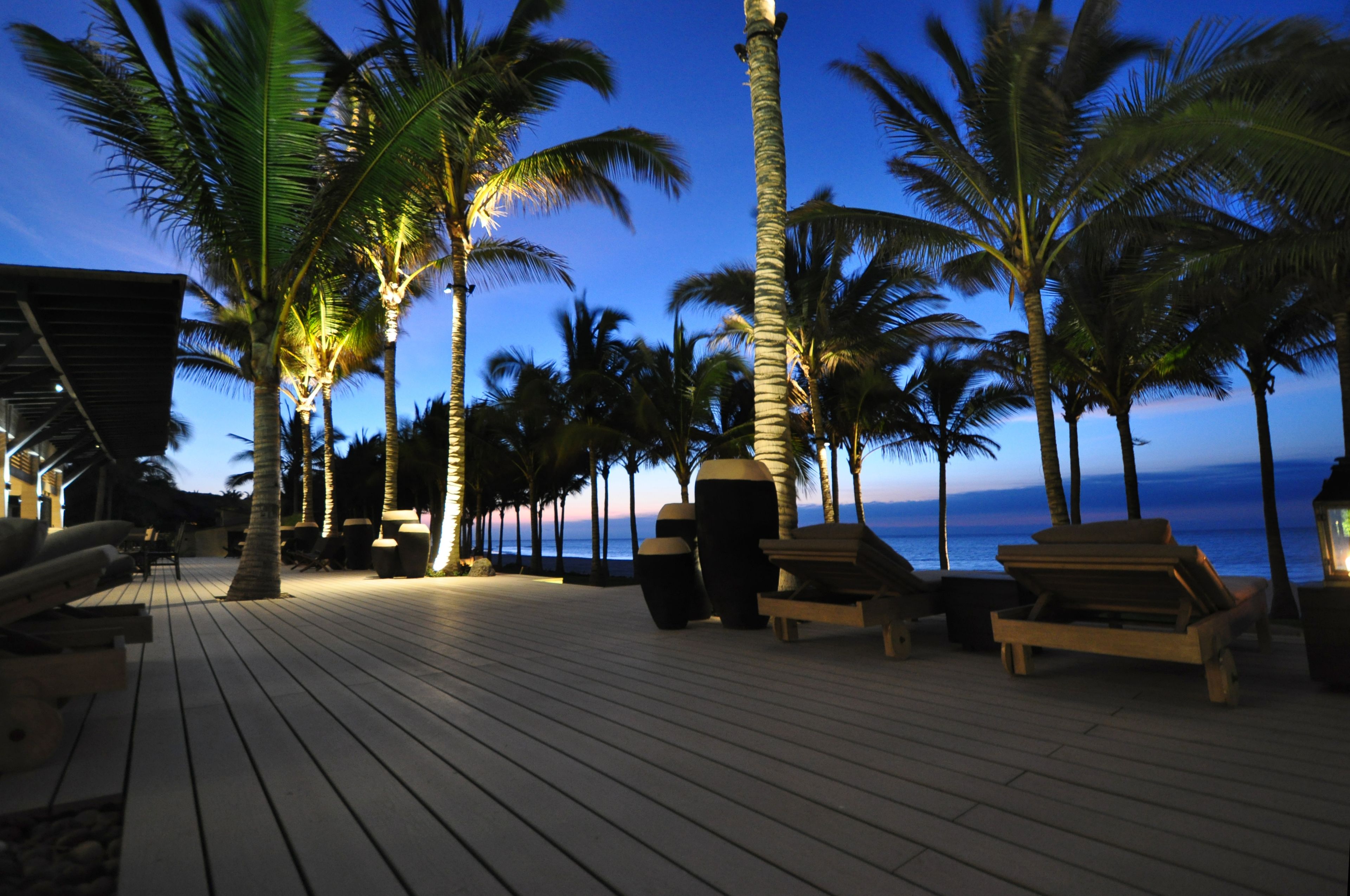 A wooden deck with lounge chairs and palm trees, overlooking a body of water.
