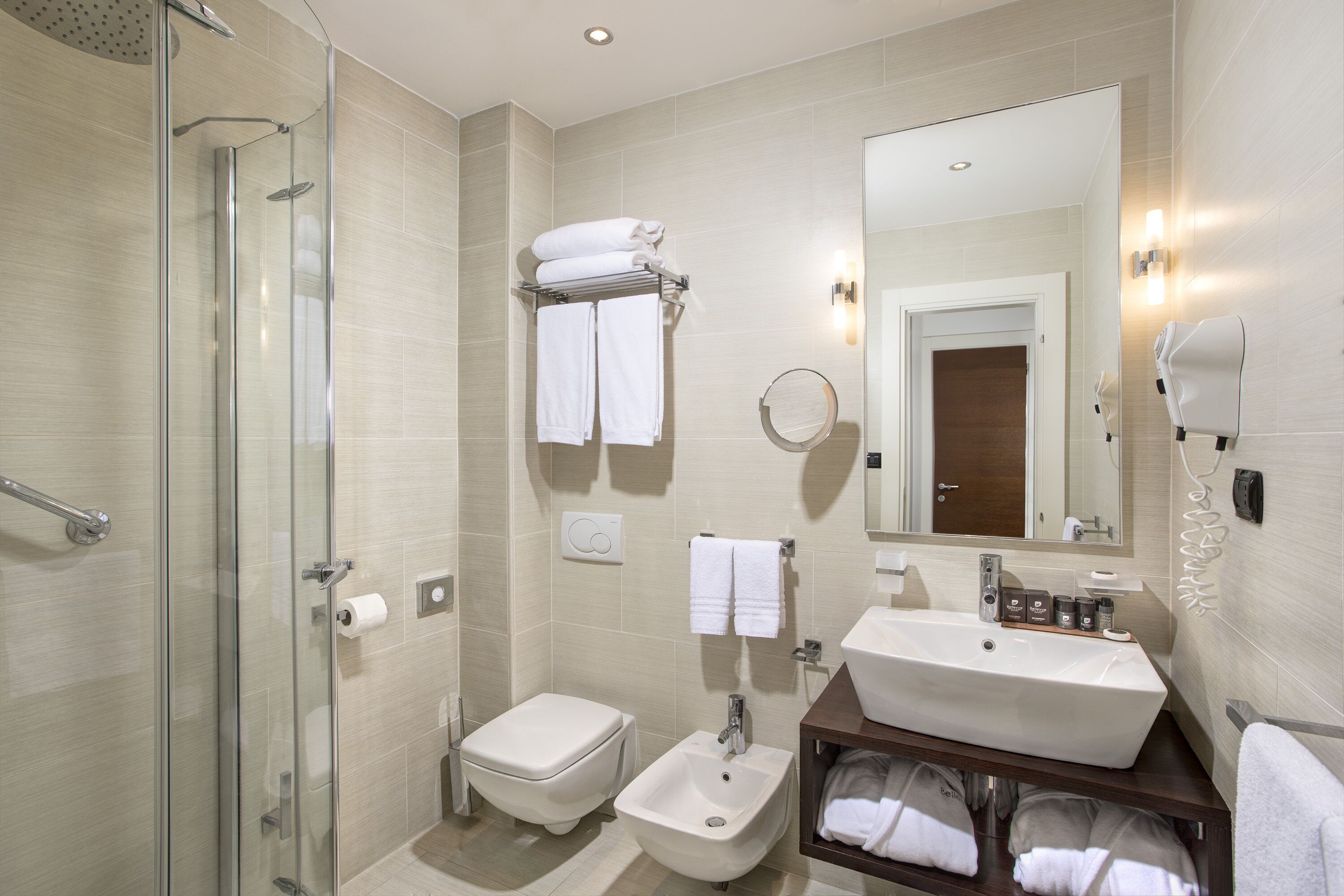 shower, rainfall showerhead, designer toiletries, hair dryer