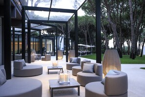 A modern outdoor seating area with sofas and tables, a glass enclosure, and a view of trees.