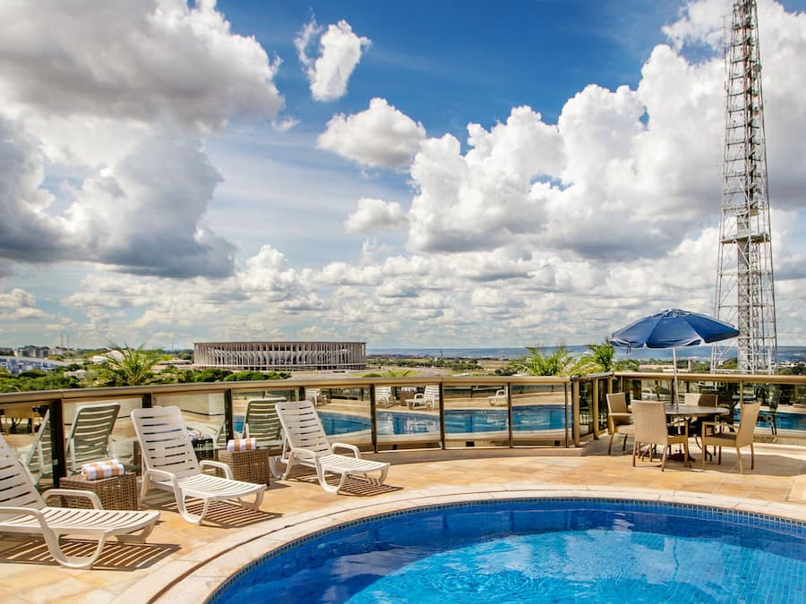 Outdoor pool, pool umbrellas, pool loungers