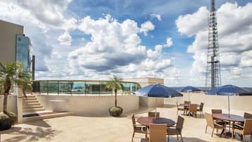 Outdoor pool, pool umbrellas, pool loungers