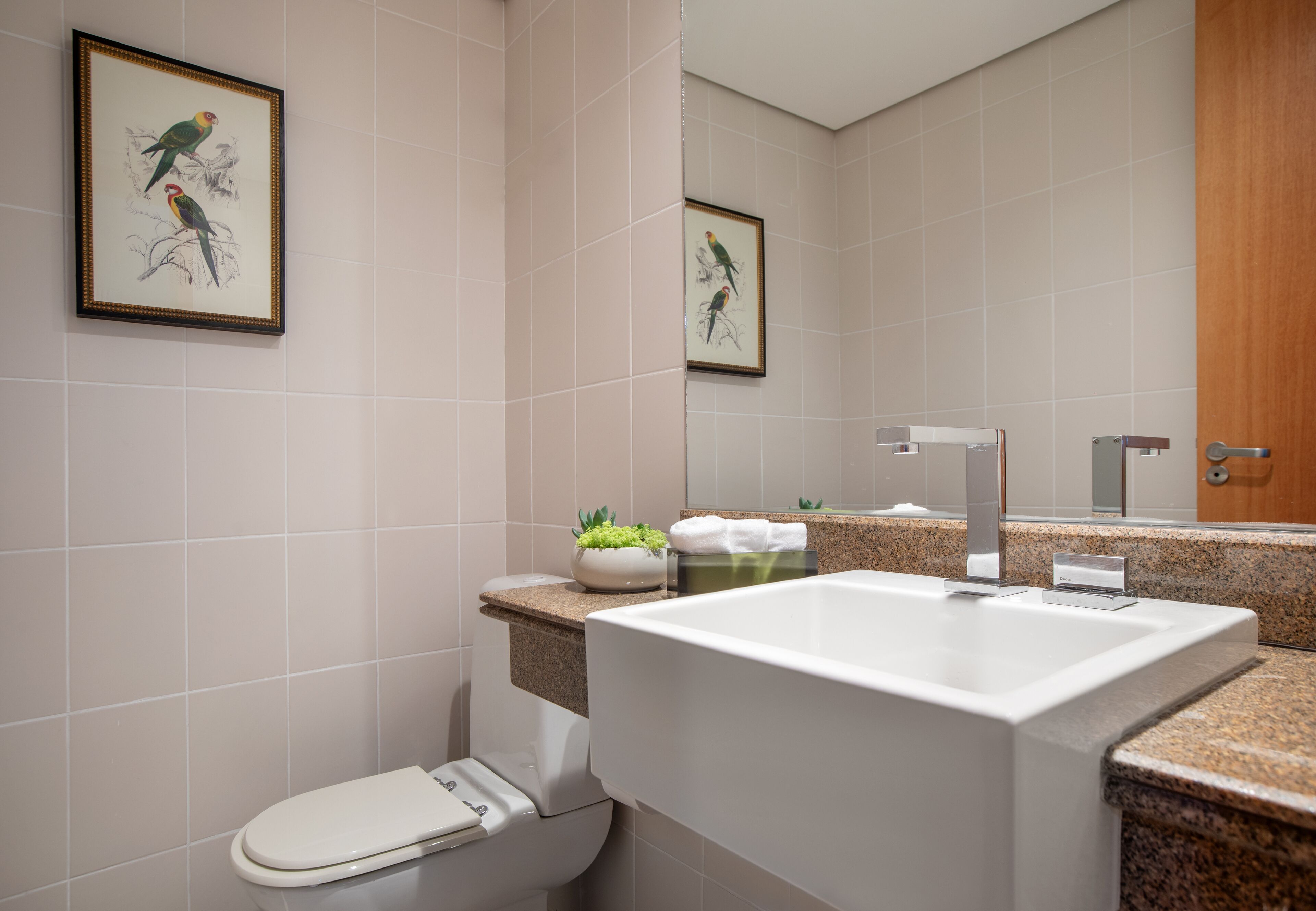 Une salle de bain moderne avec des toilettes blanches, un grand lavabo et un miroir au-dessus. Des tableaux encadrés représentant des oiseaux sont accrochés au mur.