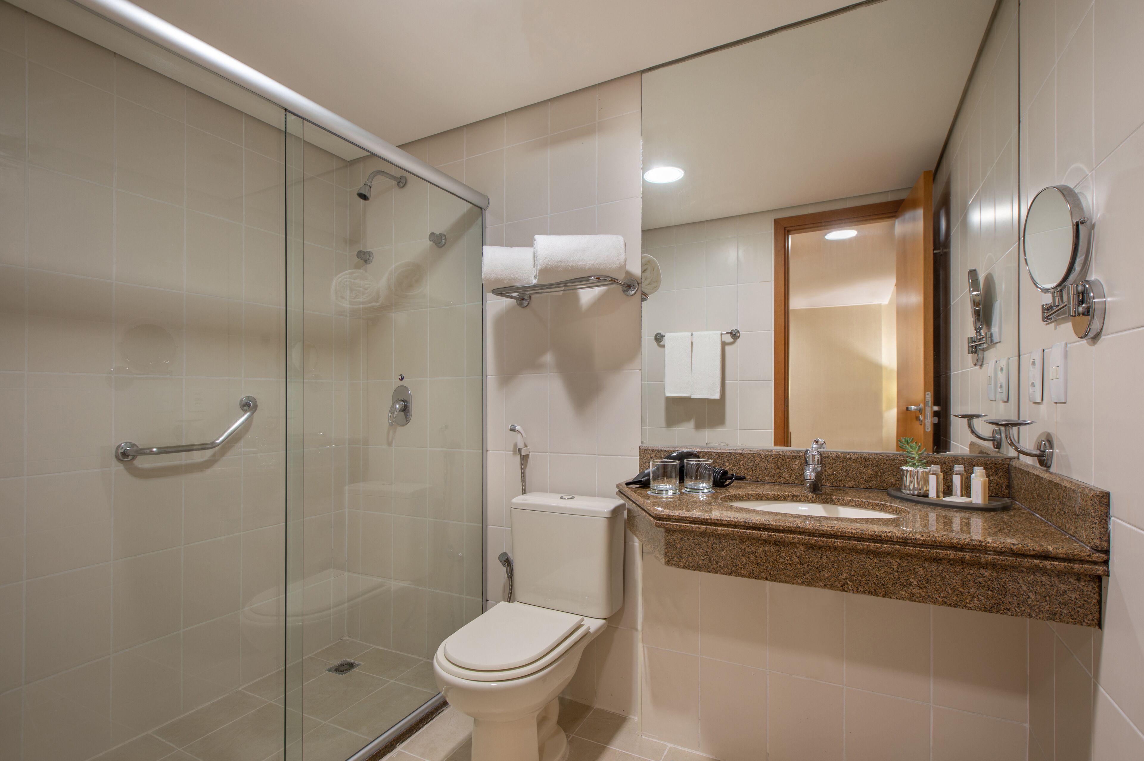 A modern bathroom with a glass-enclosed shower, a toilet, a sink with a granite countertop, and a mirror.