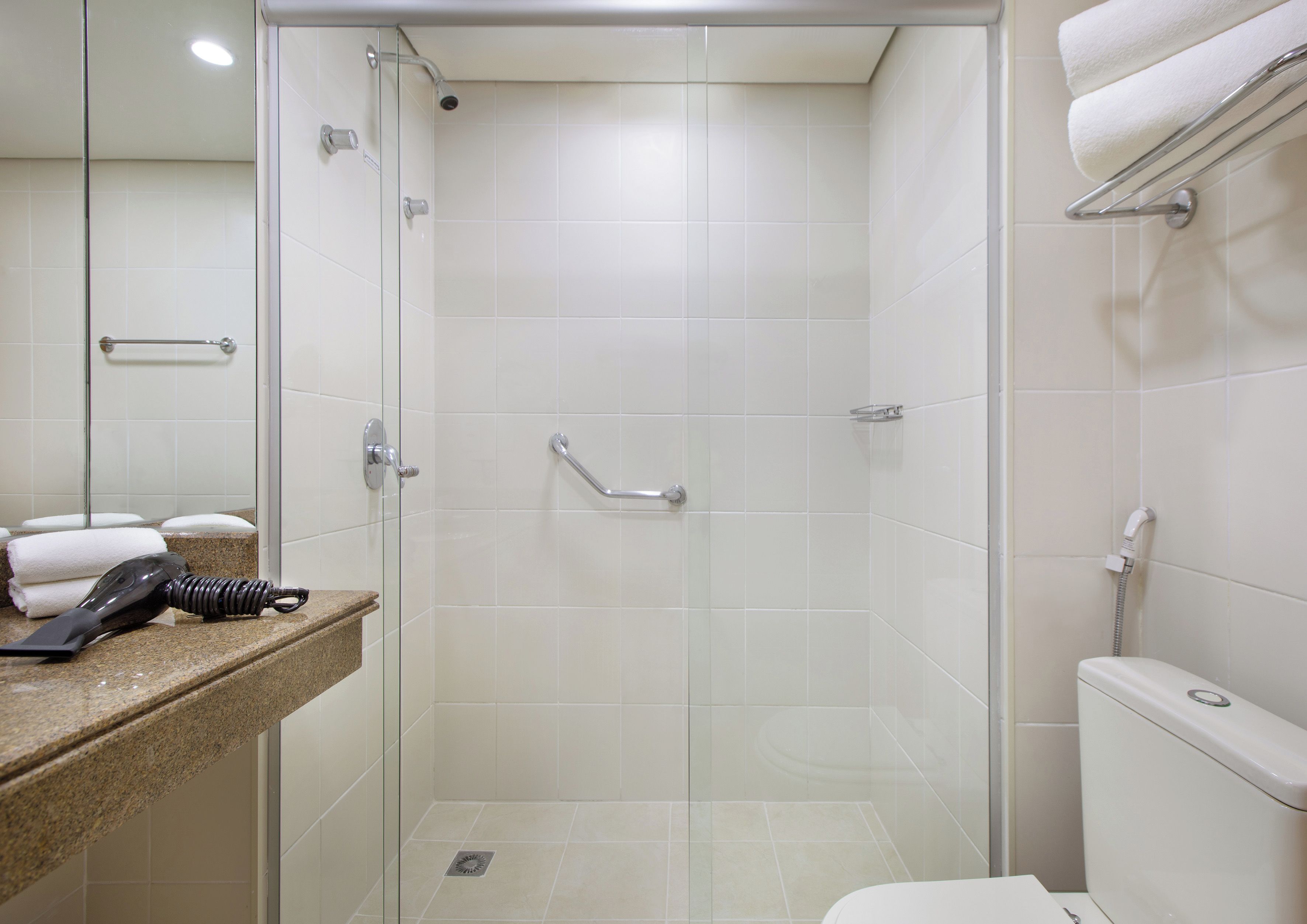 A bathroom with a glass-enclosed shower, a toilet, and a towel rack.