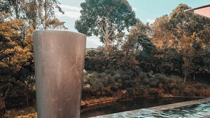 Een waterpartij met betonnen pilaren en een overkapping, omringd door bomen en begroeiing.