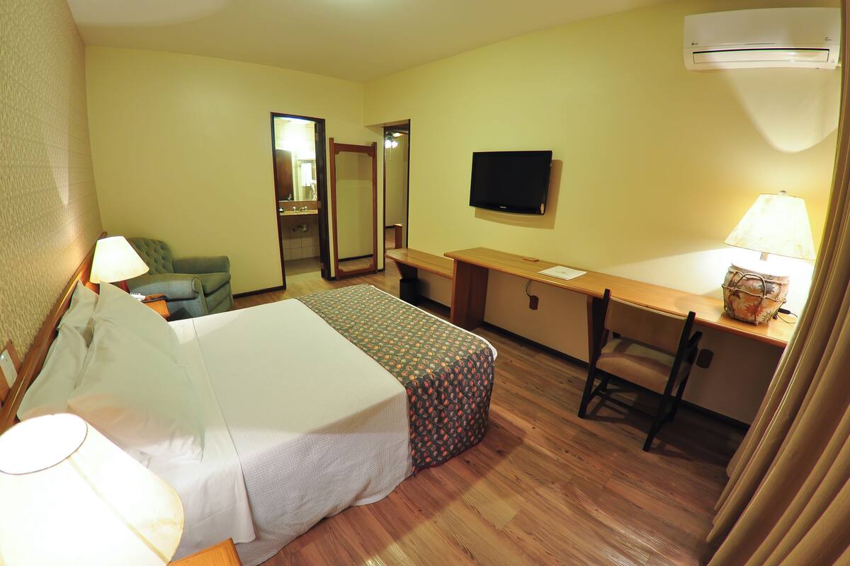A hotel room with a bed, a desk, a chair, a television, and a mirror.