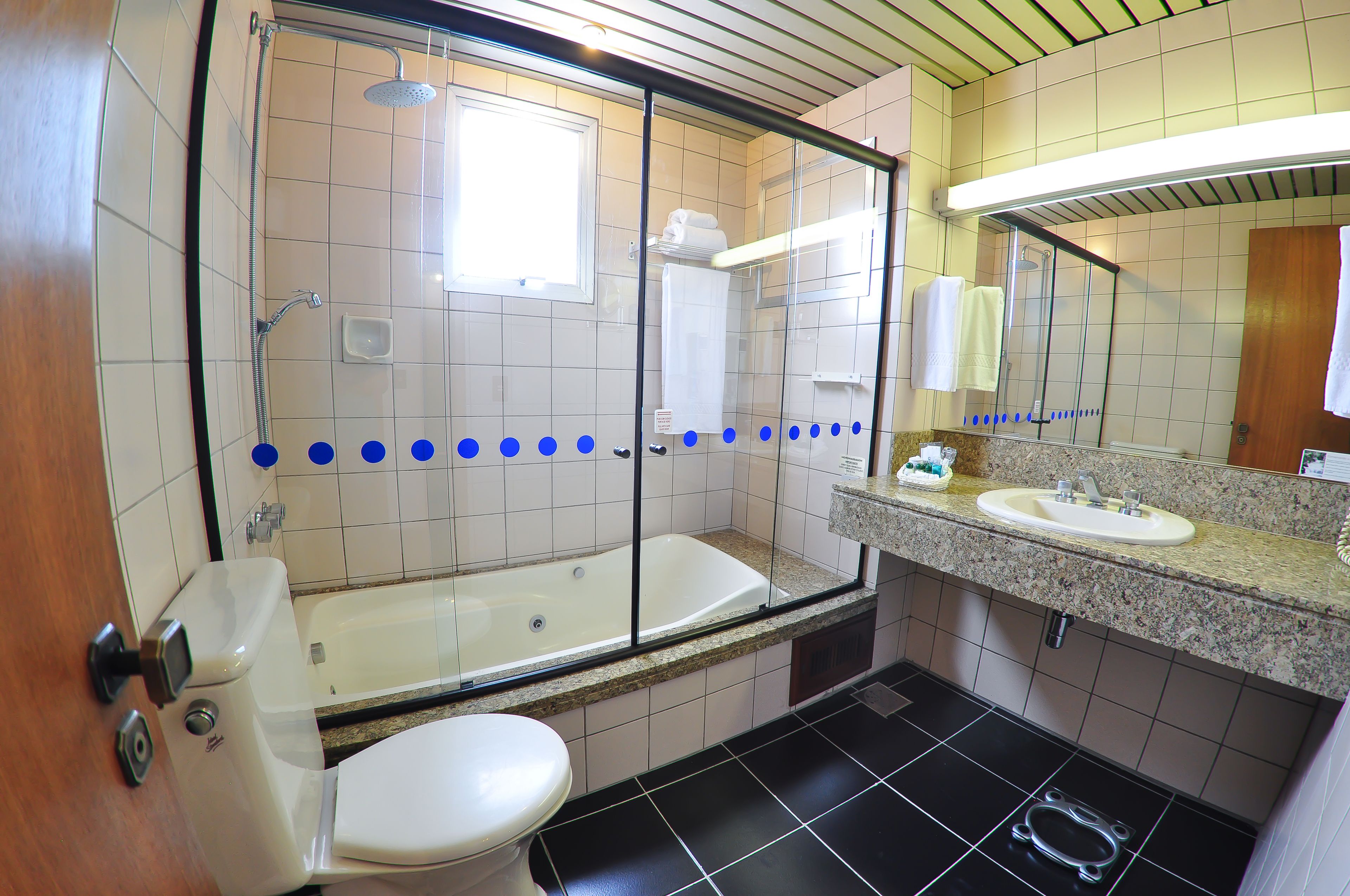 A bathroom with a glass-enclosed shower, a bathtub, a toilet, and a sink with a mirror above it.