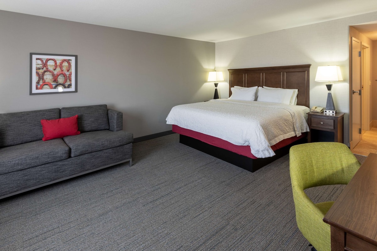 A hotel room with a bed, a grey sofa with a red pillow, a green armchair, a wooden nightstand with a lamp, and a framed picture on the wall.