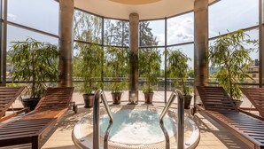 A rooftop pool area with lounge chairs and potted plants, surrounded by large windows. - Hotel Krynica Conference & SPA (Krynica-Zdroj)
