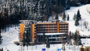 A modern hotel with a glass facade, surrounded by snow-covered trees and a ski slope. - Hotel Krynica Conference & SPA (Krynica-Zdroj)